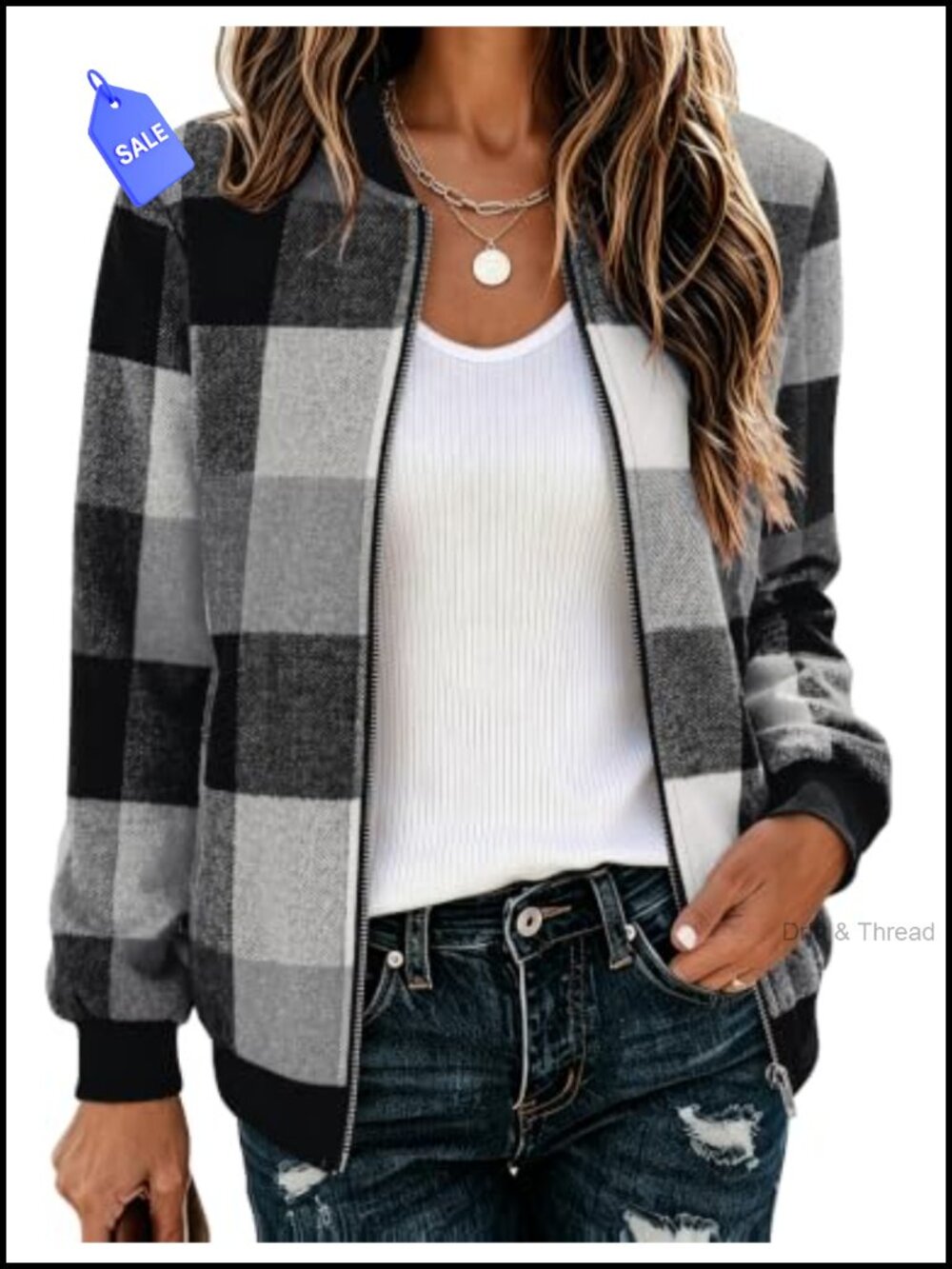 Womens Plaid Flannel Bomber Jacket Zip Up Lightweight Fall Coat